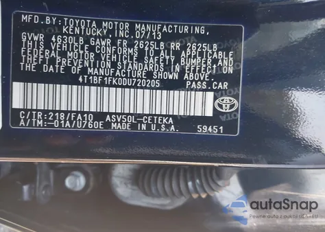 2013 Toyota Camry L из США, поврежденный, VIN 4T1BF1FK0DU720205